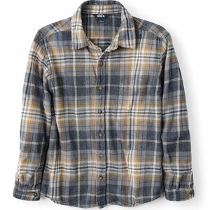 Eddie Bauer Plaid Flannel Shirt Men’s Large Gray Mustard Cotton Button Up